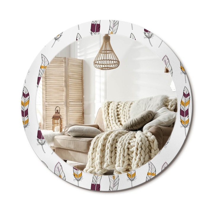 Kör Alakú Fali Tükör Nyomtatással, Decormat, Tollak, Fehér, Ø80 cm, Lakásdíszítő Fali Tükör, 010090550110300029863