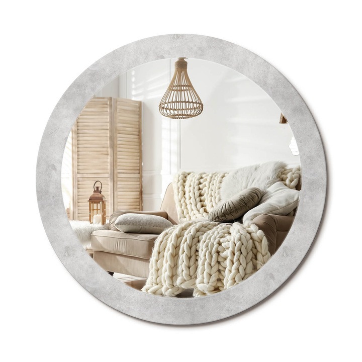 Kerek Tükör Grafikával, Decormat, Beton Textúra, Szürke, Ø80 cm, Sminkeléshez És Borotválkozáshoz, 010090550110300020865