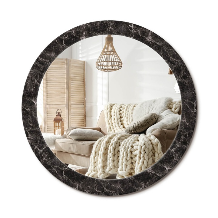 Kör Tükör Grafikai Mintával, Decormat, Fekete Márvány, Fekete, Ø80 cm, Előszobába És Folyosóra, 010090550110300020880