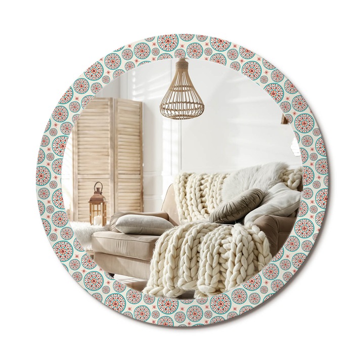 Kerek Fali Tükör Grafikával, Decormat, Bohém Minta, Többszínű, Ø80 cm, Különleges Kiegészítő Szobába, 010090550110300012780