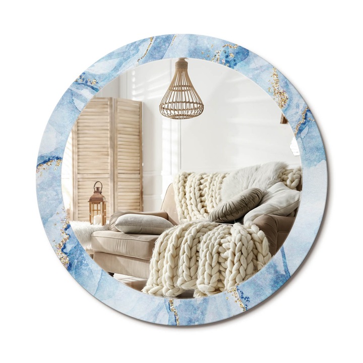 Kör Tükör Grafikai Mintával, Decormat, Kék Márvány, Aranyszín, Ø80 cm, Előszobába És Folyosóra, 010090550110300020891