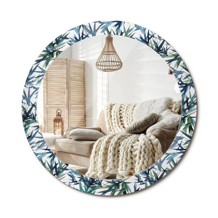 Kerek Fali Tükör Grafikával, Decormat, Kék Pálmafák, Zöld, Ø80 cm, Különleges Kiegészítő Szobába, 010090550110300010898