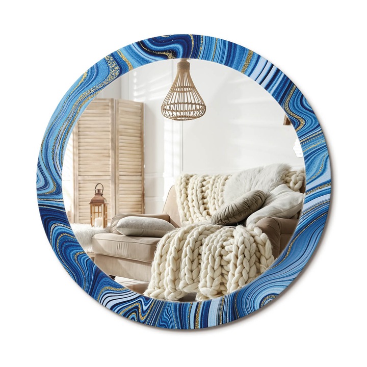 Kerek Fali Tükör Nyomtatott Mintával, Decormat, Márvány Folyó, Aranyszín, Ø80 cm, Nappali Szoba Díszítésére, 010090550110300020892