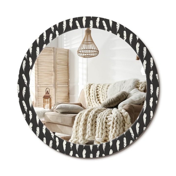 Kör Alakú Fali Tükör Nyomtatással, Decormat, Fekete-Fehér Tollak, Fekete, Ø80 cm, Lakásdíszítő Fali Tükör, 010090550110300011636