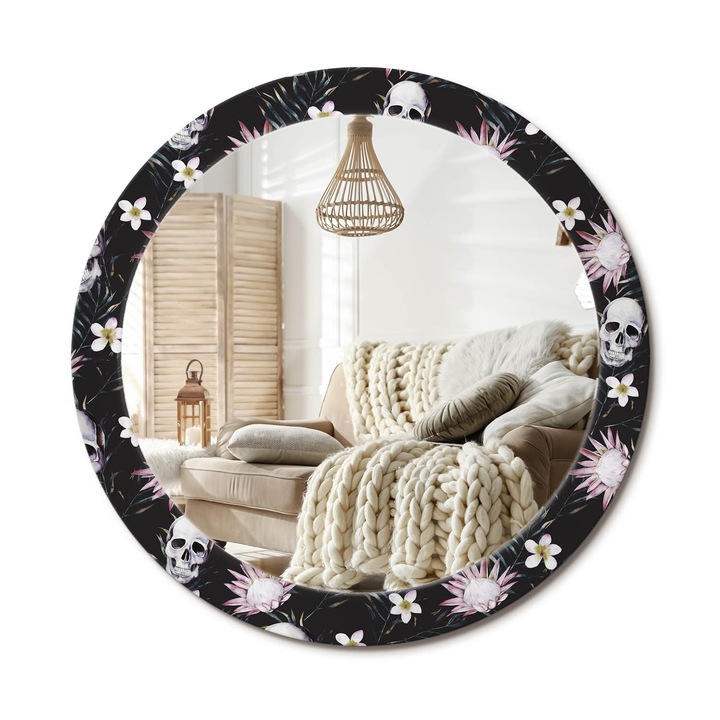 Kör Alakú Tükör Mintával, Decormat, Koponya Virágok, Többszínű, Ø80 cm, Stílusos Fali Dekoráció, 010090550110300010896