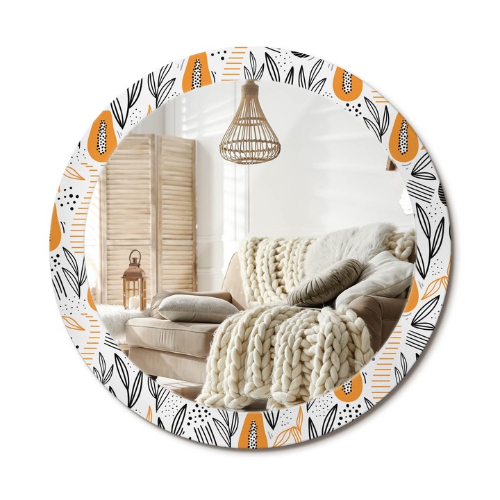 Kerek Fali Tükör Grafikával, Decormat, Papayák, Narancssárga, Ø80 cm, Különleges Kiegészítő Szobába, 010090550110300072599