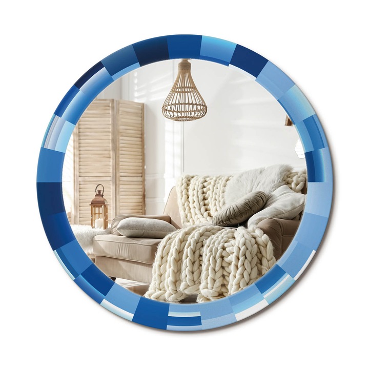 Kerek Tükör Grafikával, Decormat, Kék Absztrakt, Kék, Ø80 cm, Sminkeléshez És Borotválkozáshoz, 010090550110300072622