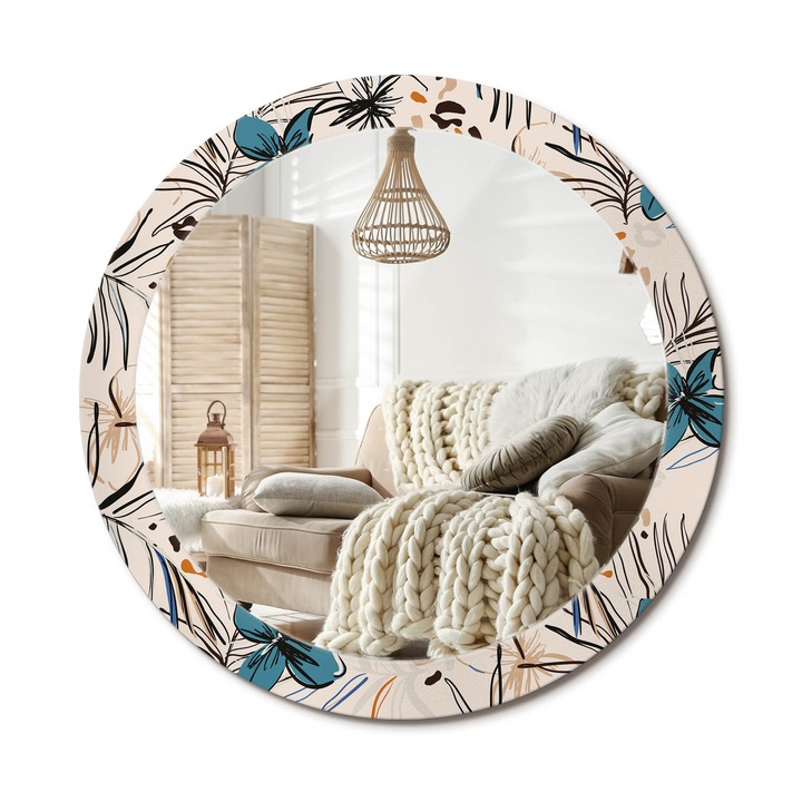 Kör Tükör Grafikai Mintával, Decormat, Dzsungelmintás Virágok, Krémszín, Ø80 cm, Előszobába És Folyosóra, 010090550110300072628