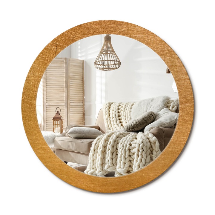 Kör Alakú Tükör Mintával, Decormat, Vintage Loft Stílus, Aranyszín, Ø80 cm, Stílusos Fali Dekoráció, 010090550110300072607