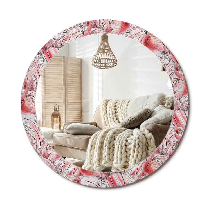 Kerek Tükör Grafikával, Decormat, Flamingók, Rózsaszín, Ø80 cm, Sminkeléshez És Borotválkozáshoz, 010090550110300072605