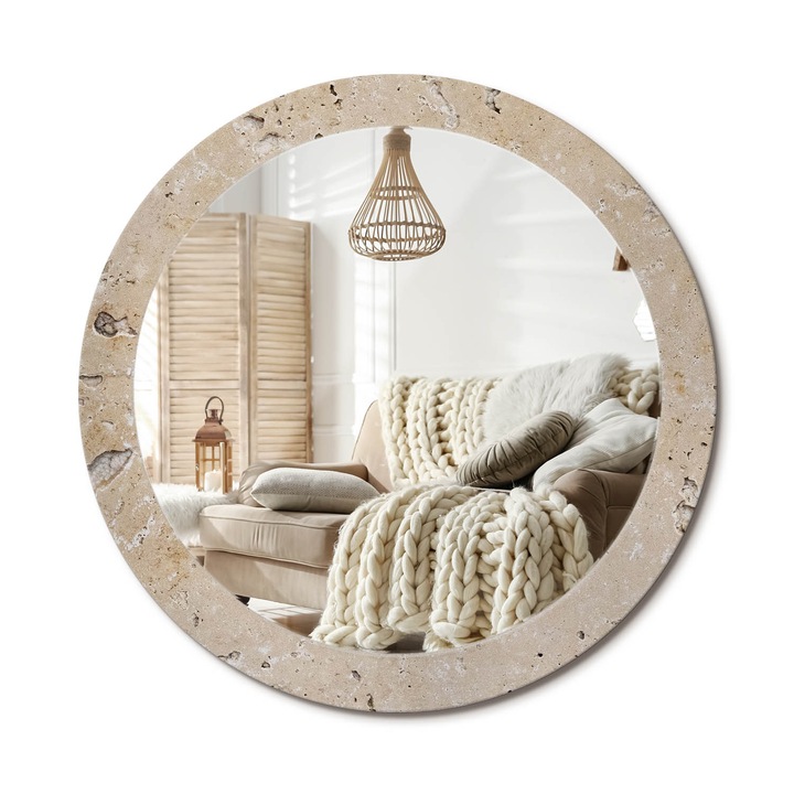 Kör Alakú Tükör Mintával, Decormat, Utánzatkő, Bézs, Ø80 cm, Stílusos Fali Dekoráció, 010090550110300047118