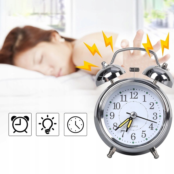 Мощен будилник за хора, които спят дълбоко, ретро дизайн с двойна камбанка, безшумен кварцов механизъм, 3-инчов будилник, с подсветка, силен звук, за спални и нощни шкафчета