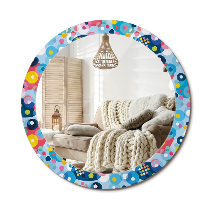 Kerek Tükör Grafikával, Decormat, Színes Körök, Kék, Ø80 cm, Sminkeléshez És Borotválkozáshoz, 010090550110300072640
