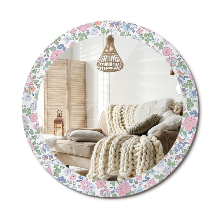 Kerek Fali Tükör Grafikával, Decormat, Színes Virágok, Rózsaszín, Ø80 cm, Különleges Kiegészítő Szobába, 010090550110300072643