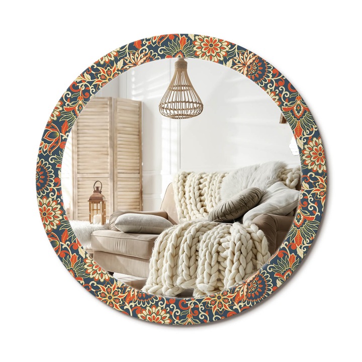 Kör Tükör Nyomtatott Mintával, Decormat, Retro Virágok, Narancssárga, Ø80 cm, Fésülködőasztalhoz És Gardróbba, 010090550110300072623