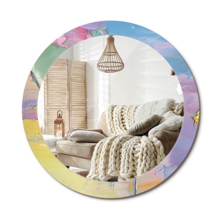 Kör Alakú Fali Tükör Nyomtatással, Decormat, Olajfesték Textúra, Többszínű, Ø80 cm, Lakásdíszítő Fali Tükör, 010090550110300072618