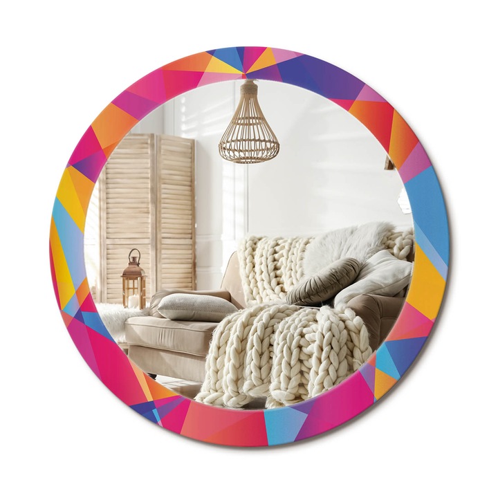 Kerek Tükör Nyomtatással, Decormat, Geometriai Kompozíció, Narancssárga, Ø80 cm, Nappaliba És Szobába, 010090550110300072648