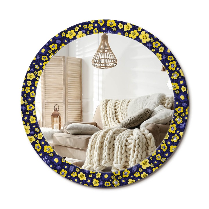 Kerek Tükör Nyomtatással, Decormat, Kis Virágok, Sárga, Ø80 cm, Nappaliba És Szobába, 010090550110300072604