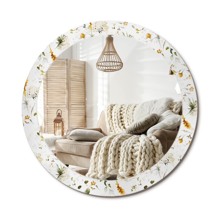 Kerek Tükör Kerettel És Nyomtatott Mintával, Decormat, Vadvirágok, Fehér, Ø80 cm, Beltéri Dekorációs Elem, 010090550110300072644