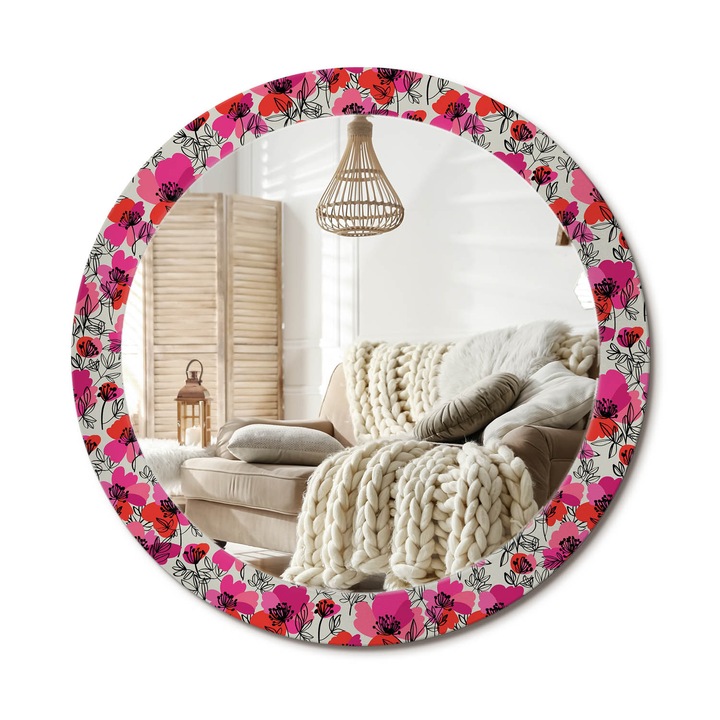 Kerek Fali Tükör Nyomtatott Mintával, Decormat, Rózsaszín Pipacsok, Piros, Ø80 cm, Nappali Szoba Díszítésére, 010090550110300072620