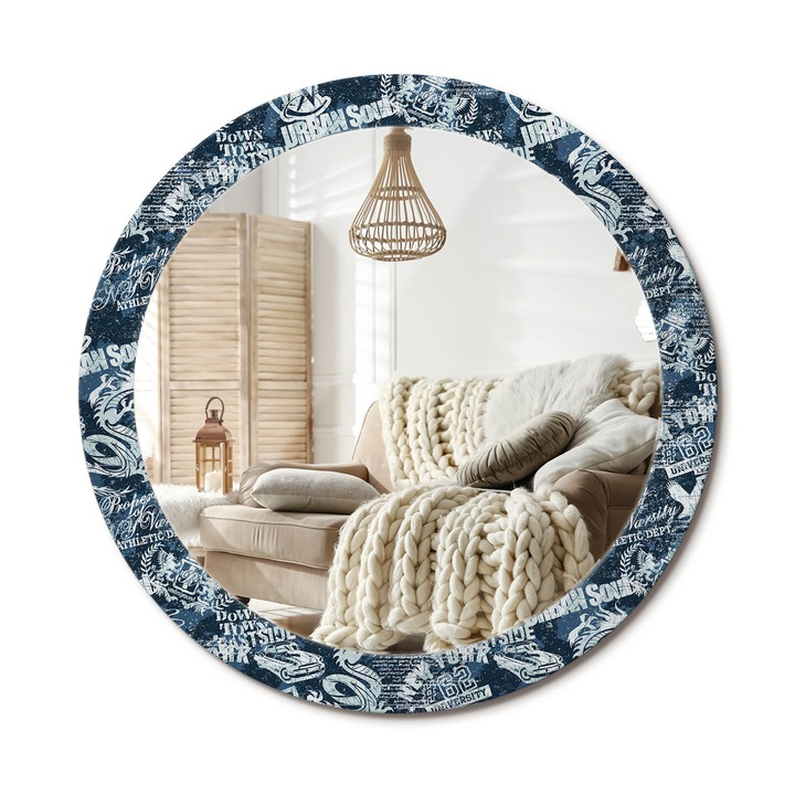 Kerek Fali Tükör Nyomtatott Mintával, Decormat, New York-I Kollázs, Kék, Ø80 cm, Nappali Szoba Díszítésére, 010090550110300072647