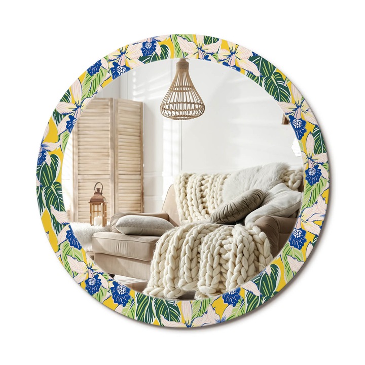 Kör Tükör Grafikai Mintával, Decormat, Orchideák, Sárga, Ø80 cm, Előszobába És Folyosóra, 010090550110300072646