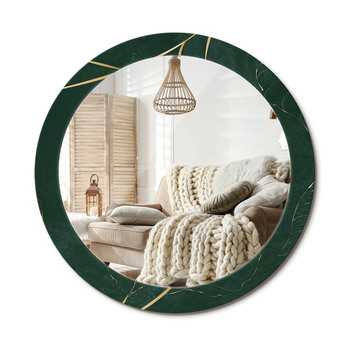Kerek Fali Tükör Grafikával, Decormat, Levél Körvonala, Zöld, Ø80 cm, Különleges Kiegészítő Szobába, 010090550110300072652