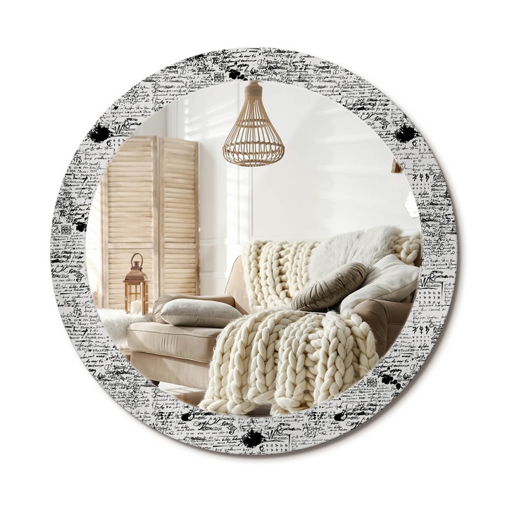 Kör Tükör Nyomtatott Mintával, Decormat, Firkák, Fekete és fehér, Ø80 cm, Fésülködőasztalhoz És Gardróbba, 010090550110300072606