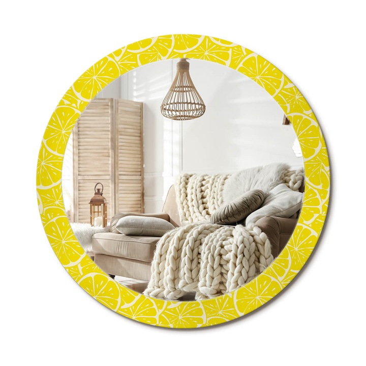 Kerek Tükör Nyomtatással, Decormat, Citrom, Sárga, Ø80 cm, Nappaliba És Szobába, 010090550110300072639
