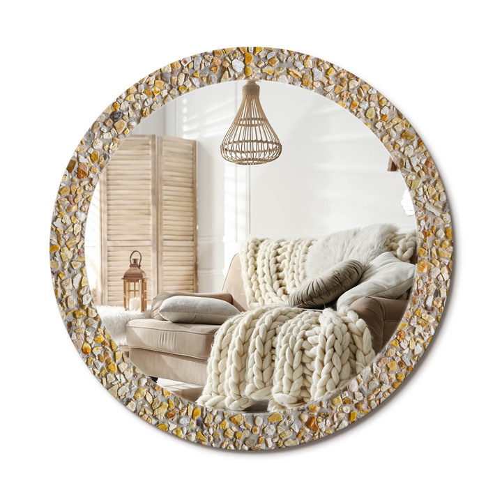 Kerek Tükör Kerettel És Nyomtatott Mintával, Decormat, Terrazzo Minta, Sárga, Ø80 cm, Beltéri Dekorációs Elem, 010090550110300072653