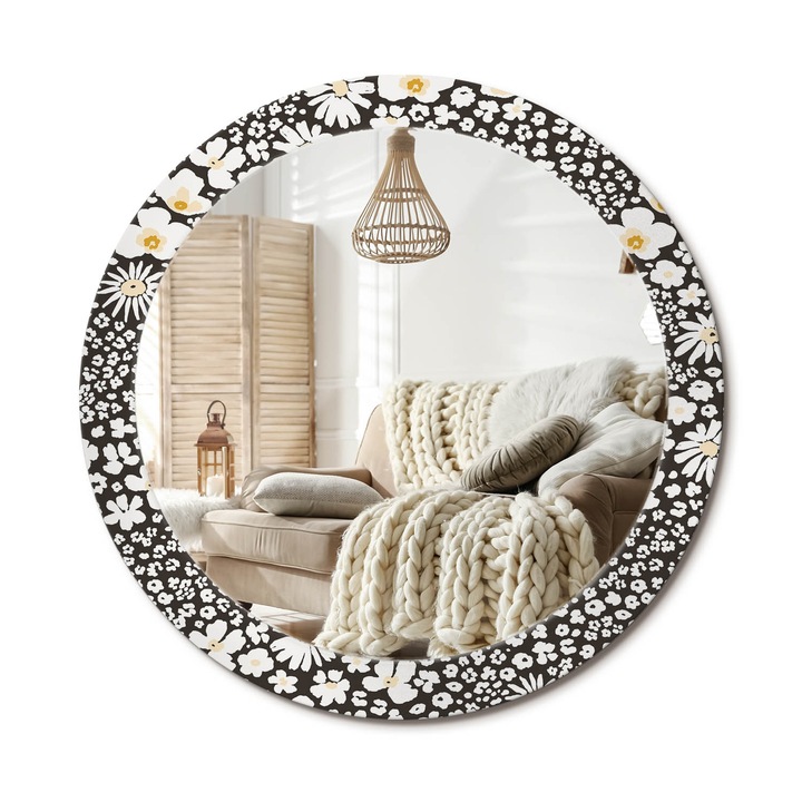 Kerek Tükör Kerettel És Nyomtatott Mintával, Decormat, Margaréták, Fekete és fehér, Ø80 cm, Beltéri Dekorációs Elem, 010090550110300072617