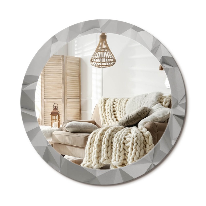 Kerek Fali Tükör Grafikával, Decormat, Absztrakt Fehér Kristály, Szürke, Ø80 cm, Különleges Kiegészítő Szobába, 010090550110300030905