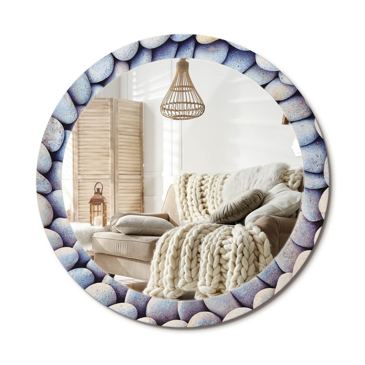 Kör Alakú Fali Tükör Nyomtatással, Decormat, Tengeri Kövek Köre, Kék, Ø80 cm, Lakásdíszítő Fali Tükör, 010090550110300000283