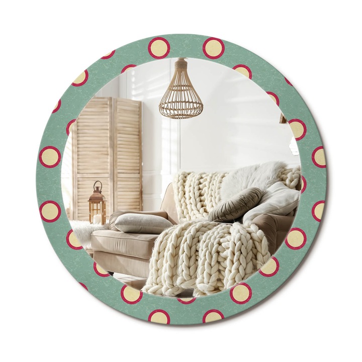 Kör Alakú Tükör Mintával, Decormat, Pontozott Körök, Türkiz, Ø80 cm, Stílusos Fali Dekoráció, 010090550110300072633