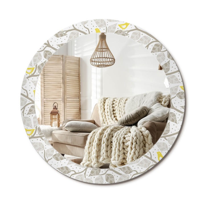 Kerek Tükör Kerettel És Nyomtatott Mintával, Decormat, Sárga Madarak Az Ágakon, Fehér, Ø80 cm, Beltéri Dekorációs Elem, 010090550110300030007