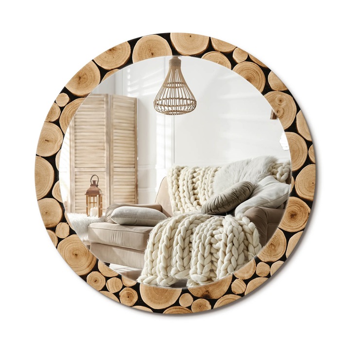 Kerek Tükör Grafikával, Decormat, Fa Rönkök, Barna, Ø80 cm, Sminkeléshez És Borotválkozáshoz, 010090550110300053736