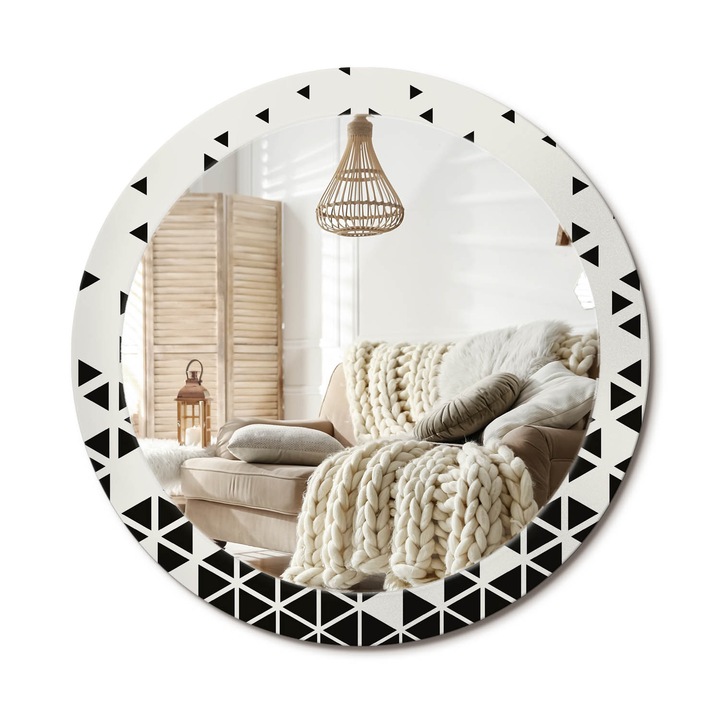 Kerek Fali Tükör Grafikával, Decormat, Geometriai Absztrakció, Fekete és fehér, Ø80 cm, Különleges Kiegészítő Szobába, 010090550110300053991