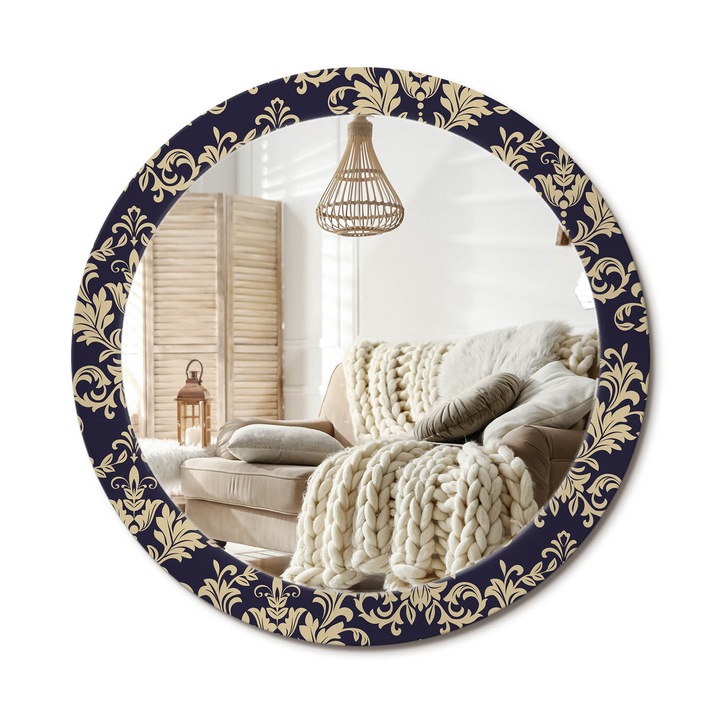Kör Tükör Nyomtatott Mintával, Decormat, Virágminta, Fekete, Ø80 cm, Fésülködőasztalhoz És Gardróbba, 010090550110300053973