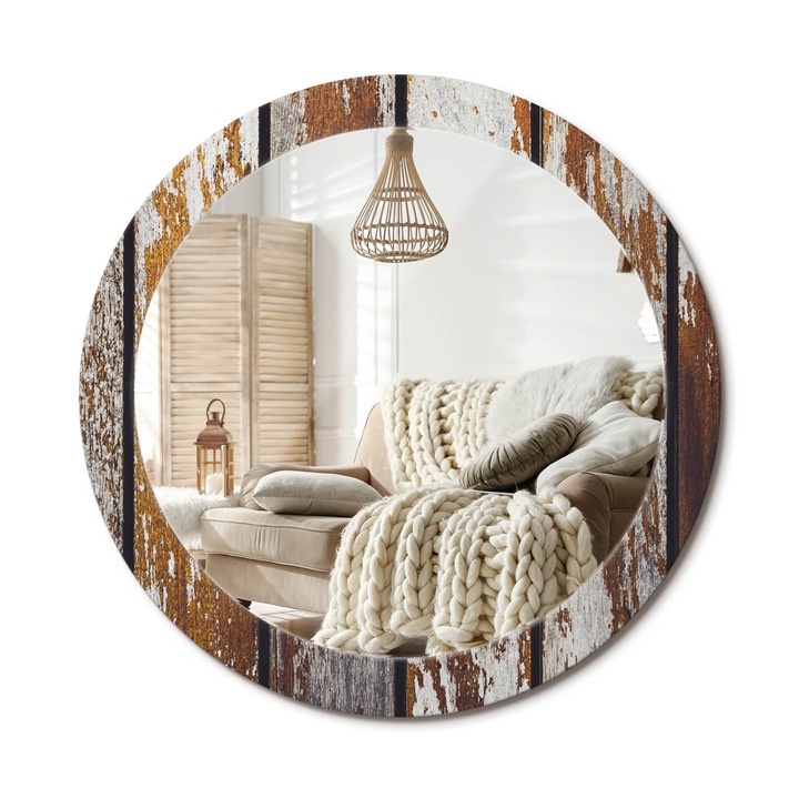 Kerek Fali Tükör Nyomtatott Mintával, Decormat, Sötét Vintage Fa, Barna, Ø80 cm, Nappali Szoba Díszítésére, 010090550110300053762