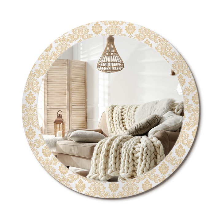 Kerek Tükör Kerettel És Nyomtatott Mintával, Decormat, Barokk Minta, Bézs, Ø80 cm, Beltéri Dekorációs Elem, 010090550110300053978