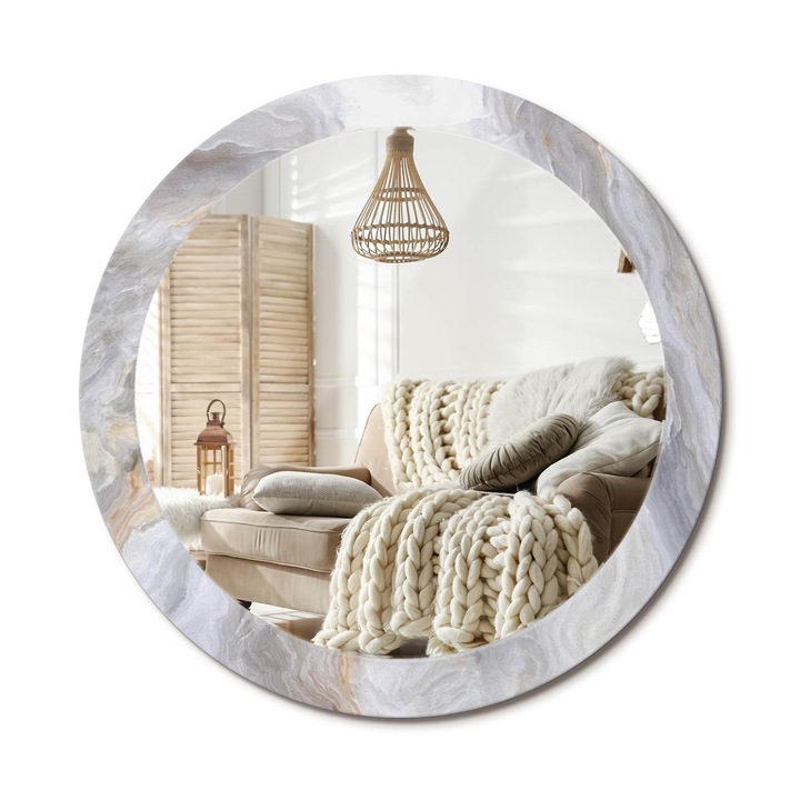 Kerek Tükör Nyomtatással, Decormat, Absztrakt Márvány, Krémszín, Ø80 cm, Nappaliba És Szobába, 010090550110300019468