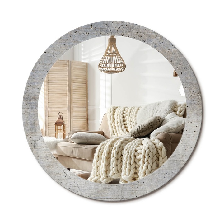 Kerek Fali Tükör Nyomtatott Mintával, Decormat, Szürke Beton, Szürke, Ø80 cm, Nappali Szoba Díszítésére, 010090550110300053880