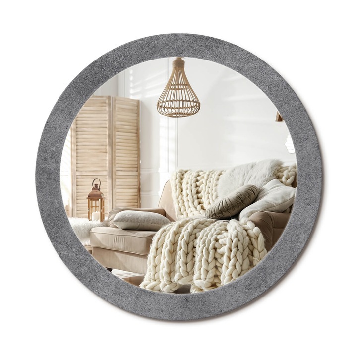 Kerek Fali Tükör Grafikával, Decormat, Beton Textúra, Szürke, Ø80 cm, Különleges Kiegészítő Szobába, 010090550110300053874