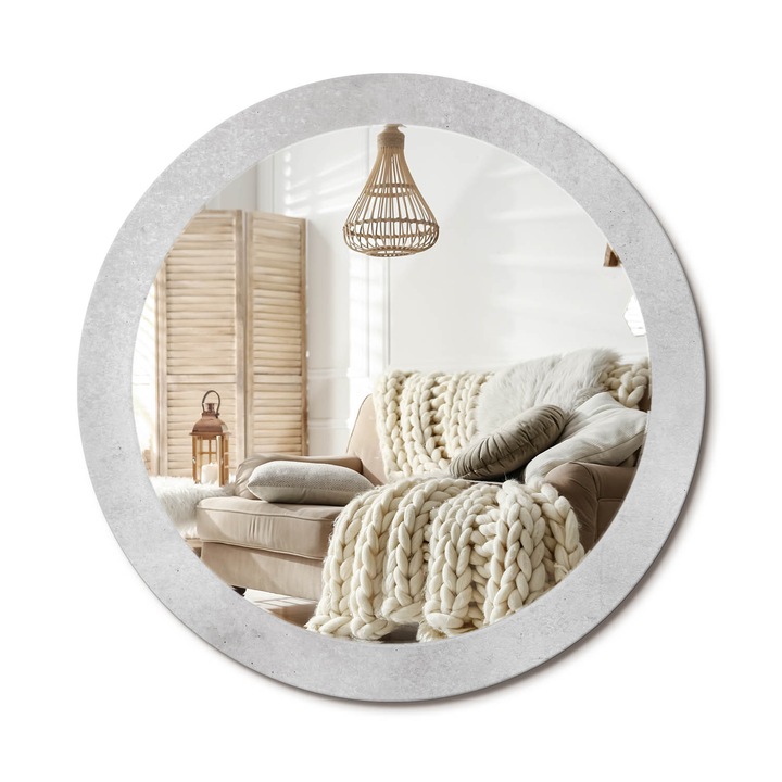 Kerek Tükör Nyomtatással, Decormat, Beton Textúra, Fehér, Ø80 cm, Nappaliba És Szobába, 010090550110300053873