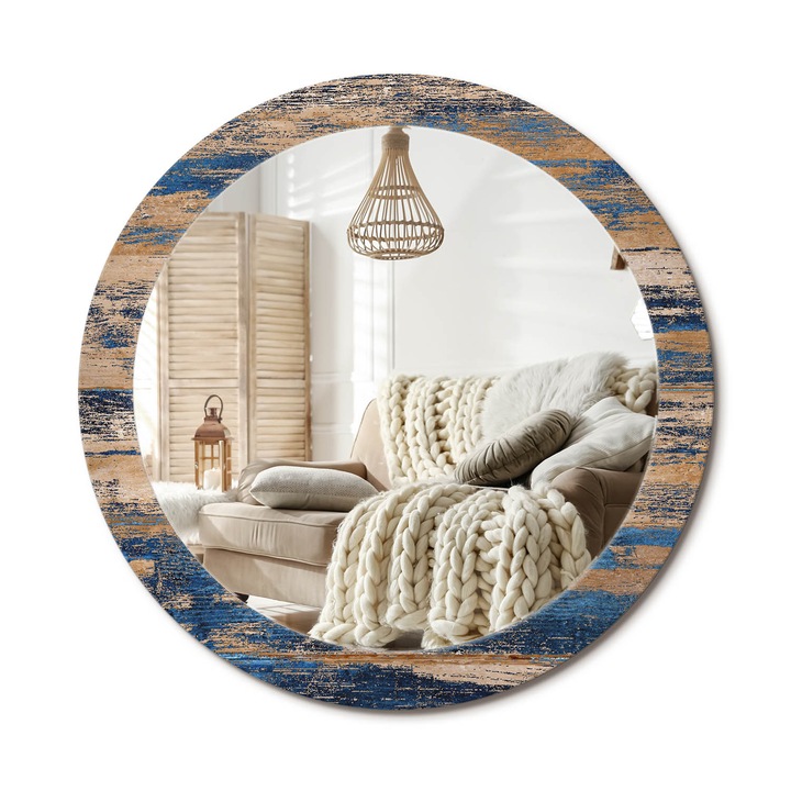 Kerek Tükör Grafikával, Decormat, Absztrakt Fa, Kék, Ø80 cm, Sminkeléshez És Borotválkozáshoz, 010090550110300053754