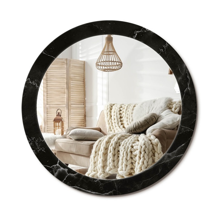 Kör Alakú Fali Tükör Nyomtatással, Decormat, Márványkő, Fekete, Ø80 cm, Lakásdíszítő Fali Tükör, 010090550110300027919