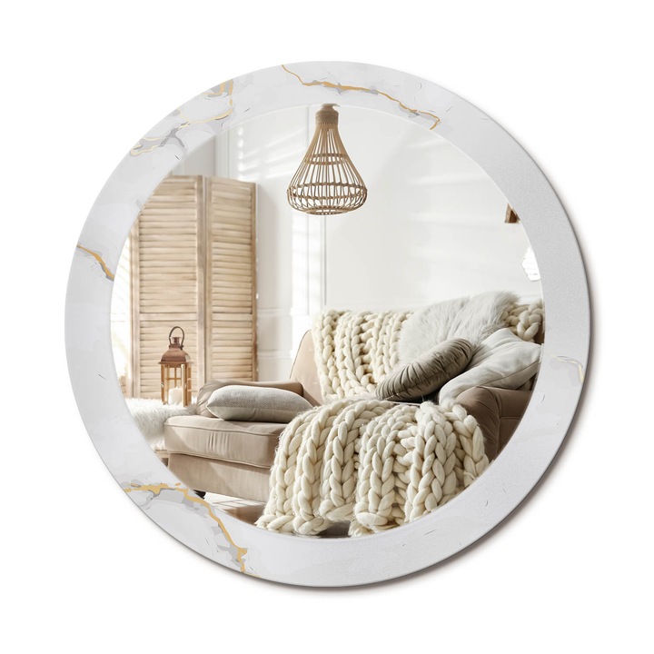 Kör Alakú Tükör Mintával, Decormat, Fehér Márvány, Fehér, Ø80 cm, Stílusos Fali Dekoráció, 010090550110300053823