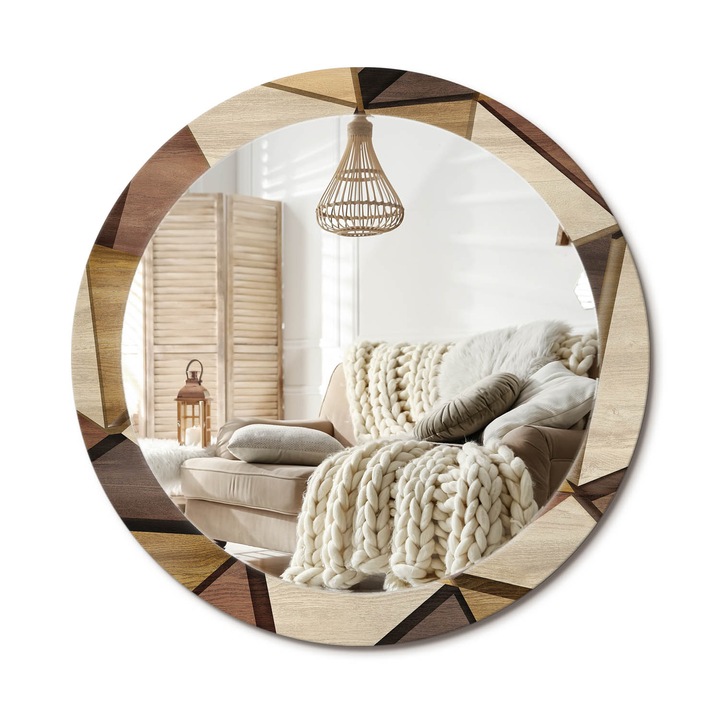 Kerek Tükör Grafikával, Decormat, Geometrikus 3d Fa, Barna, Ø80 cm, Sminkeléshez És Borotválkozáshoz, 010090550110300053758