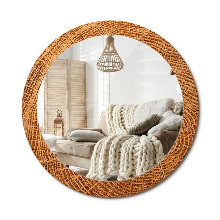 Kerek Tükör Kerettel És Nyomtatott Mintával, Decormat, Tölgyfa, Narancssárga, Ø80 cm, Beltéri Dekorációs Elem, 010090550110300053745