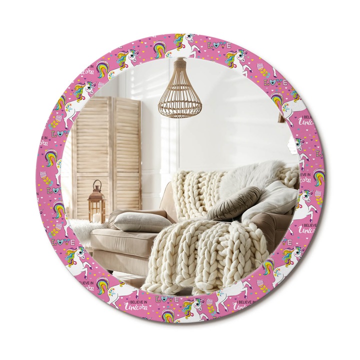 Kerek Fali Tükör Nyomtatott Mintával, Decormat, Varázslatos Unikornis, Rózsaszín, Ø80 cm, Nappali Szoba Díszítésére, 010090550110300054068